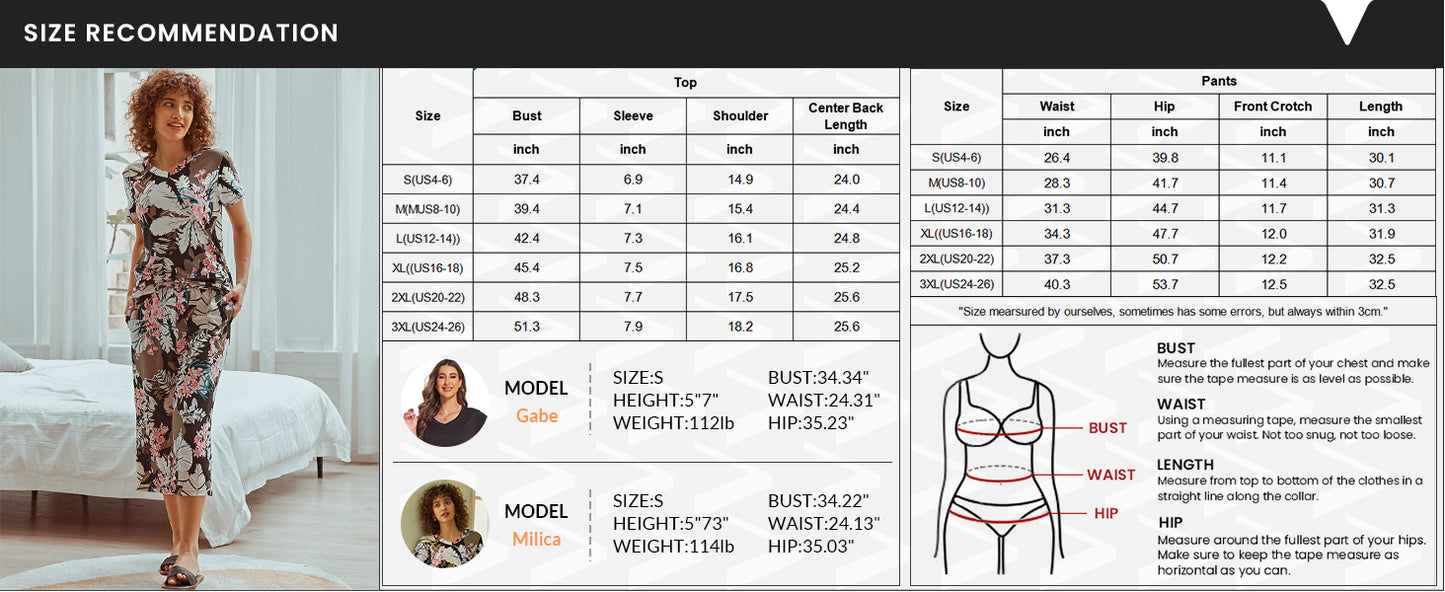 Ekouaer 2 Pack Women's Pajamas Short Sleeve Sleepwear Tops and Capri Pants Pjs