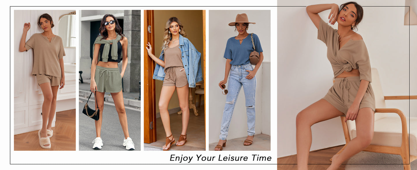 Ekouaer Waffle Knit Lounge Sets for Women 2 Piece Outfits Short Sleeve Top and Shorts Pajama Sets Tracksuit Sweatsuits