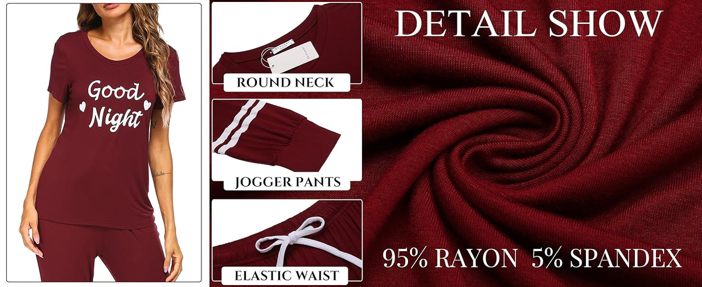Ekouaer Womens Pajamas Set 2 Piece Lounge Pj Set Short Sleeve Sleepwear Tops with Joggers Pants Loungewear Print Nightwear