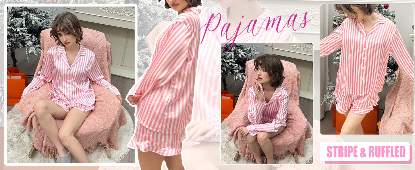 Ekouaer Womens Satin Pajama Sets Long Sleeve Top and Shorts Lounge Set Button Down Sleepwear