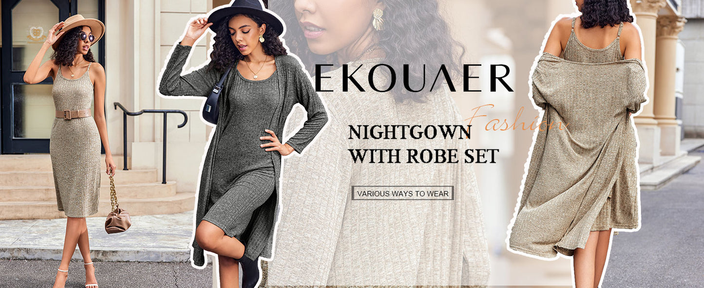 Ekouaer Womens Knit Robe Set 2 Piece Nightgown with Robes Long Sleeves Lounge Sets with Pockets