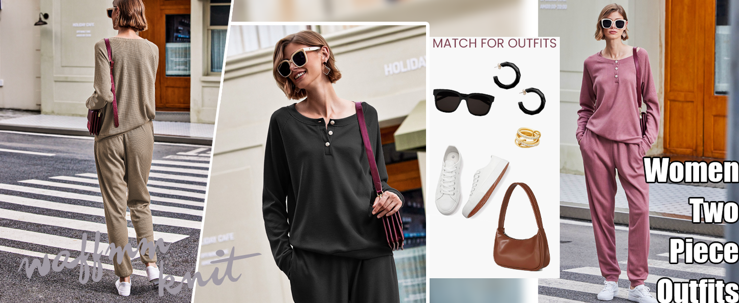 Ekouaer Pajamas Women's Waffle Knit Sleepwear Long Sleeve Top with Pants Casual Pjs Loungewear