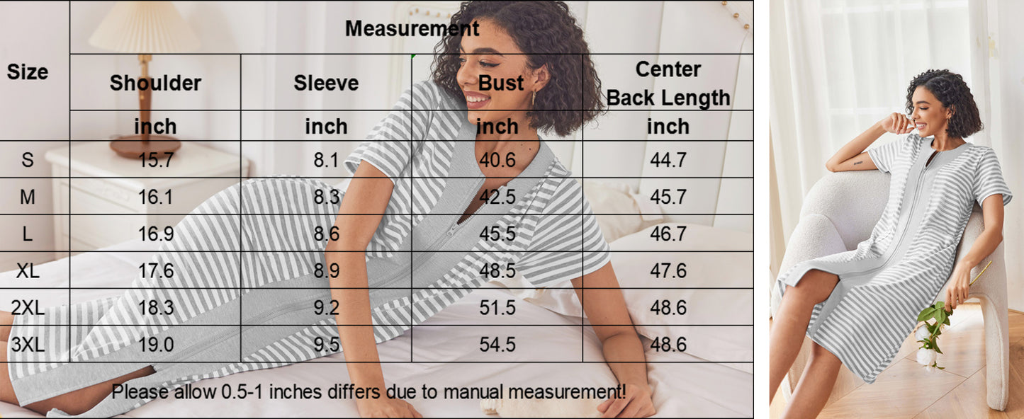 Ekouaer Robes For Women Zipper Front Bathrobe Short Sleeve House Coat Long Nightgown With Pockets Soft Loungewear