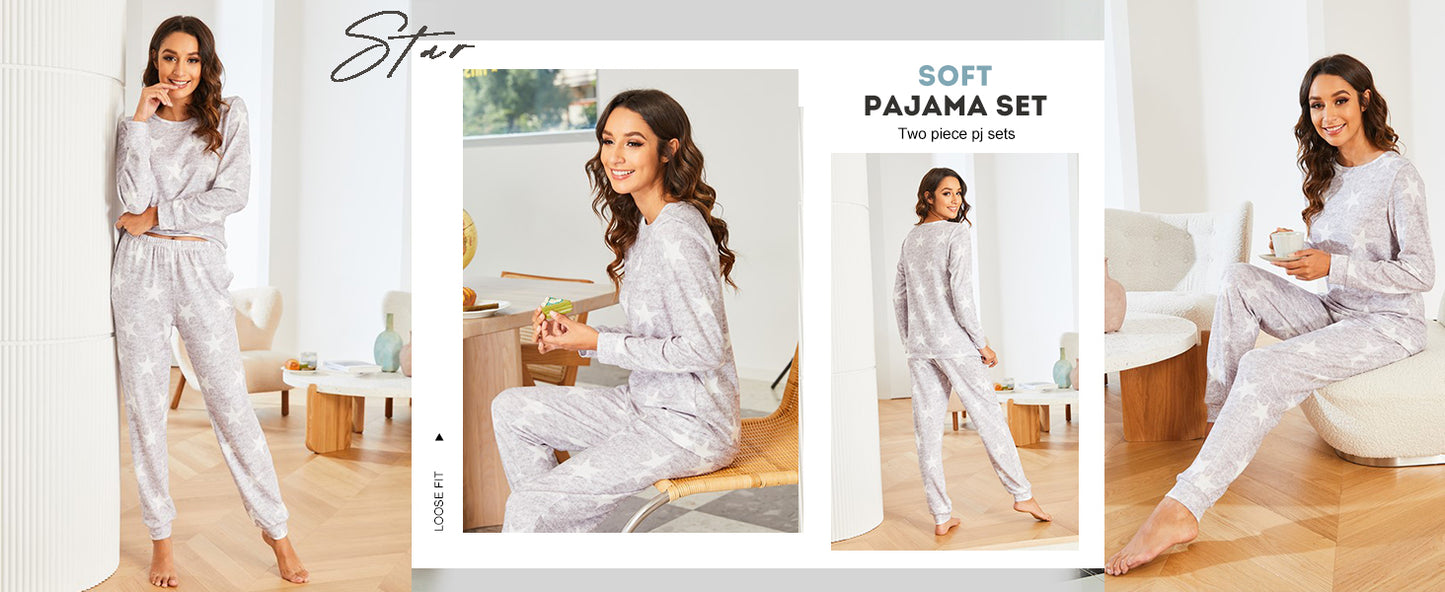 Ekouaer 2 Pack Women's Pajama Set Long Sleeve Top with Jogger Pants Lounge Sets Sleepwear Loungewear with Pockets