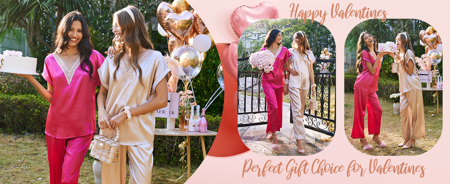 Ekouaer Silk Pajamas Set Womens Lace V Neck Loungewear Short Sleeve Satin Shirt with Long Pant Silky Pjs