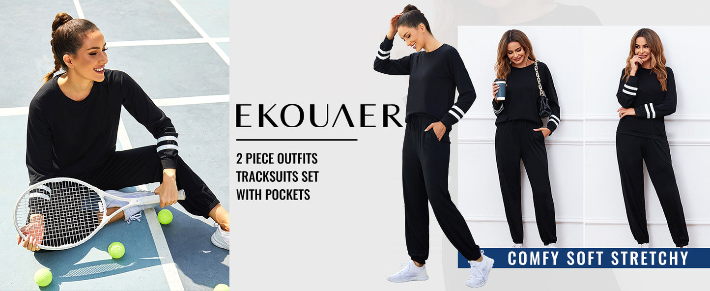 Ekouaer Sweatsuits Womens Loungewear Set Tracksuit Long Sleeve Pajamas Set with Pockets 2 Piece Outfits Lounge Sets