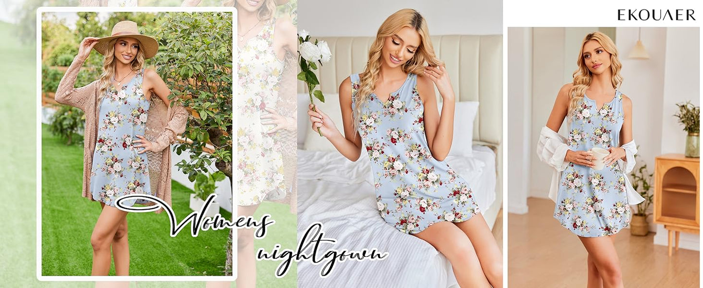 Ekouaer 2 Pack Nightgowns for Women Sleeveless Sleep Dress Tank Sleepshirt Chemise V Neck Sleepwear