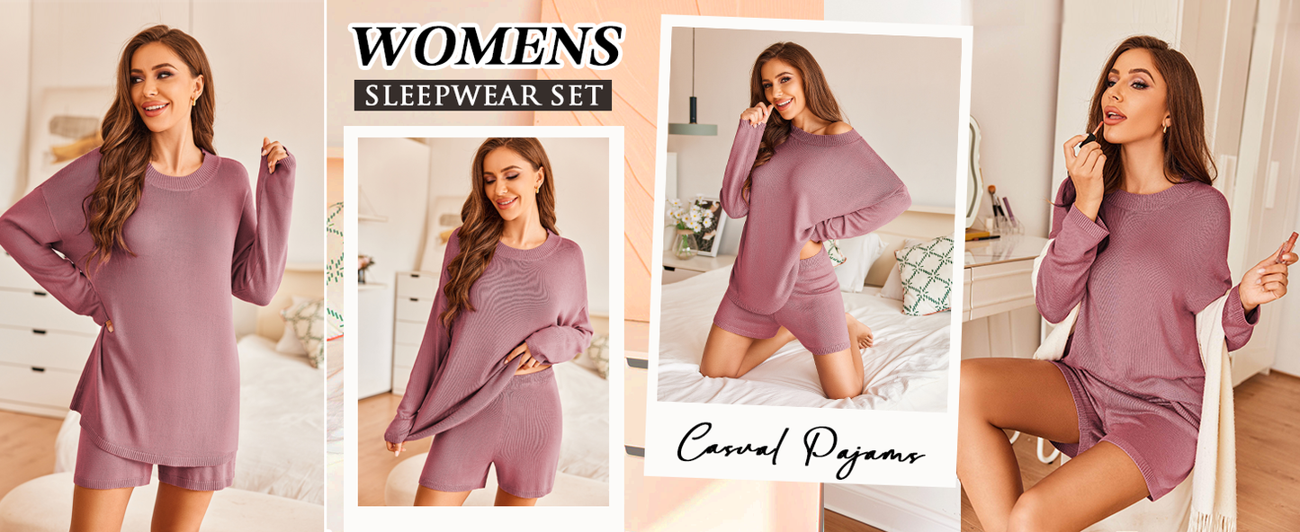 Ekouaer Pajamas Womens 2 Piece Lounge Set Cozy Knit Long Sleeve Sweater Shorts Set Oversized Matching Outfits
