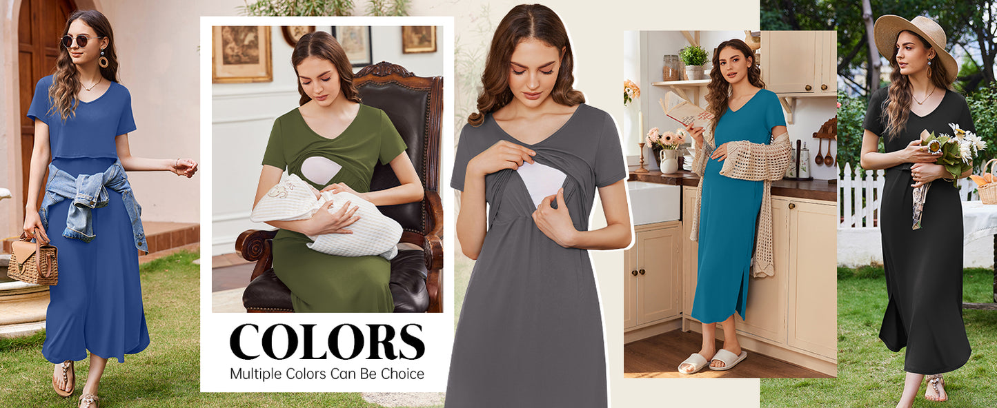 Ekouaer Women's Nursing Dress Summer V Neck Short Sleeve Maternity Split Long Dresses for Breastfeeding with Pockets
