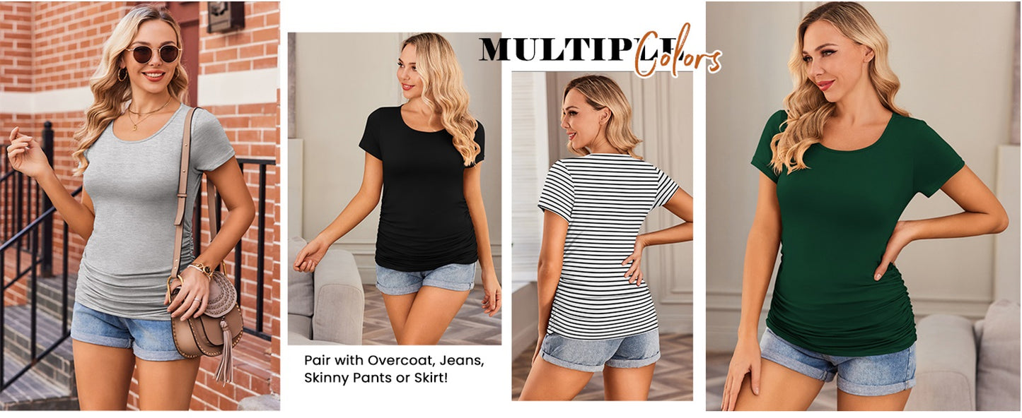 Ekouaer Womens Maternity Shirts 3 Packs Side Ruched Pregnancy Tee Top Casual Mama Clothes
