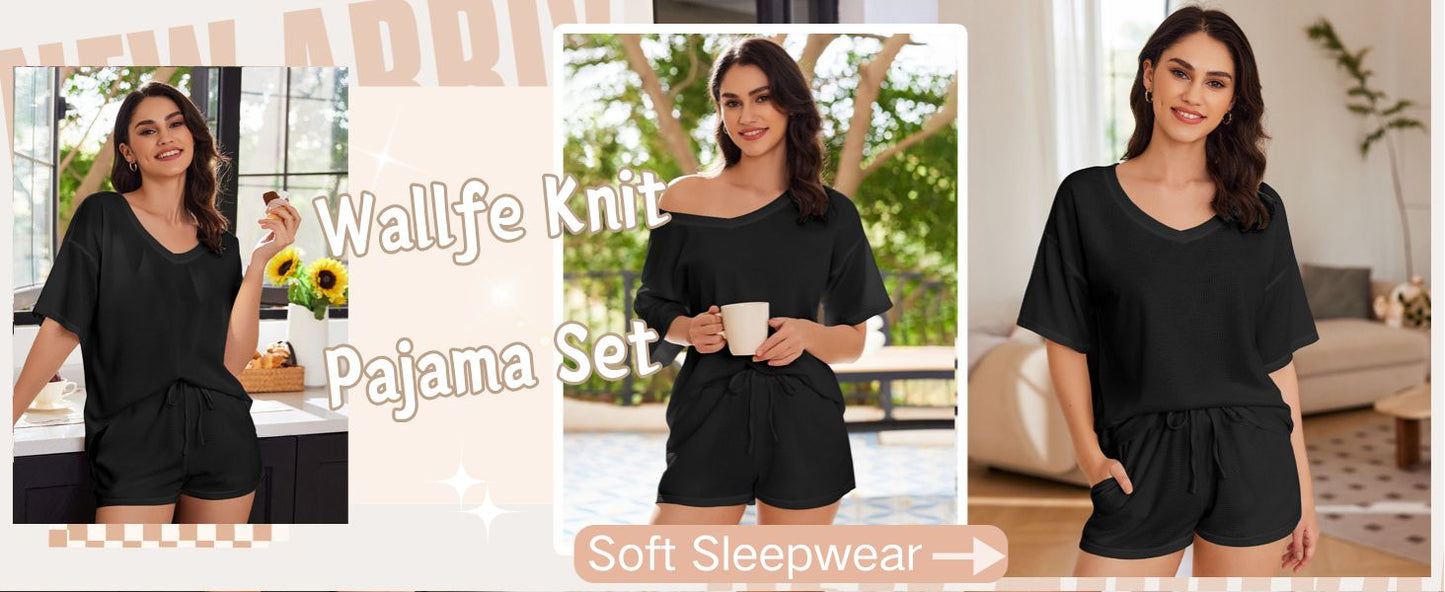 Ekouaer Womens 2 Piece Short Sleeve Waffle Knit V Neck Off Shoulder Casual Loose Fit Sweatsuit Outfits