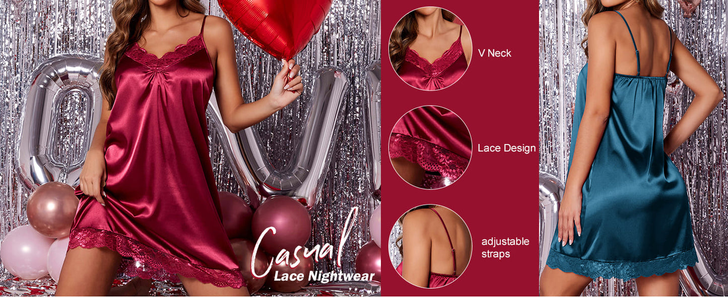 Ekouaer Women's Nightgown Satin Nightgowns for Women V-neck Lace Chemise Sleepwear Soft Lingerie for Women
