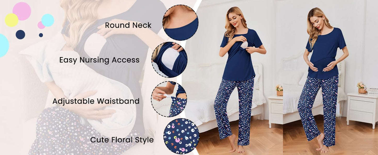 Ekouaer Women's Pajamas Short Sleeve Lace V Neck Sleepwear Top Capri Pants Pjs Sets Soft Loungewear