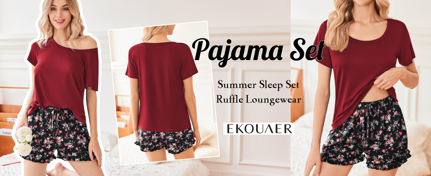 Ekouaer Womens Pajamas Short Sleeve Lounge Set Crew Neck Tops and Ruffle Shorts Pj Sets Soft Sleepwear with Pockets
