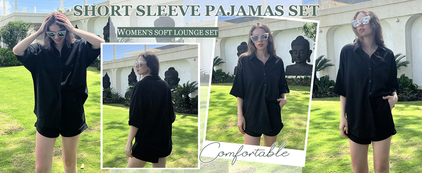 Ekouaer Waffle Knit Lounge Sets for Women Short Sleeve Pajamas Button Down Pjs Oversized Loungewear Shorts Set
