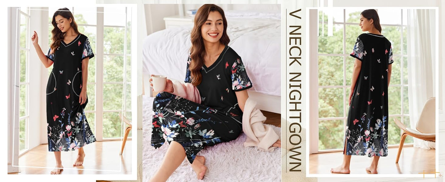 Ekouaer Women's Full Length Short Sleeve Nightgown