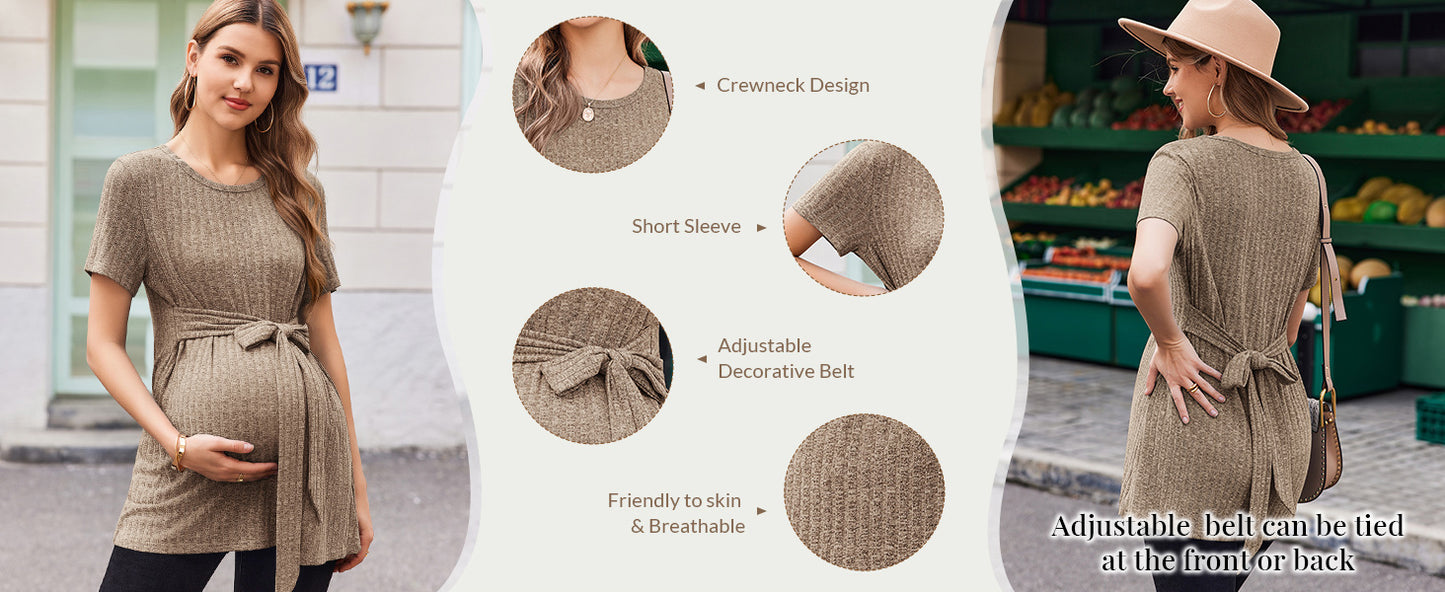 Ekouaer Maternity Tops Short Sleeve Pregnancy Shirts Tee Tunic Casual T Shirt Ribbed Knit Pregnant Clothes