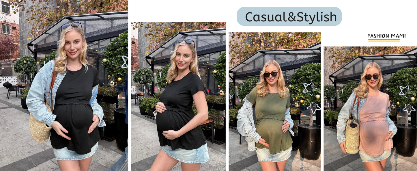 Ekouaer Womens Nursing Tops 3 Packs Short Sleeve Breastfeeding Shirts Double Layer Postpartum Shirt Nursing Shirts