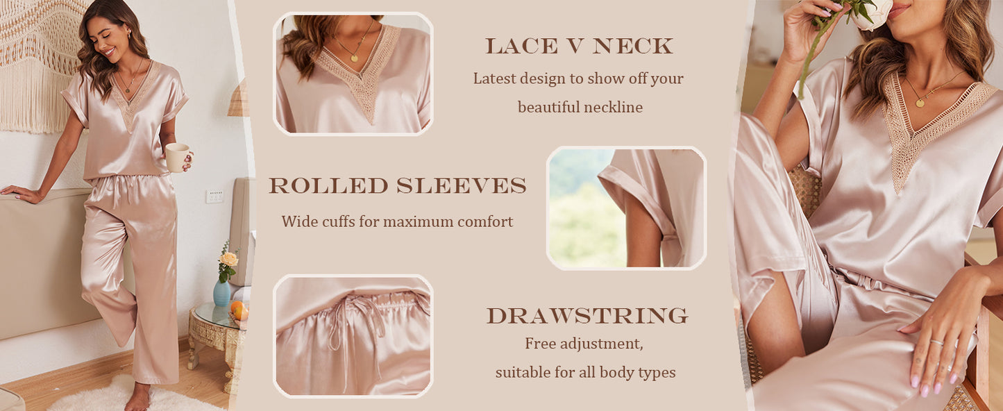 Ekouaer Silk Pajamas Set Womens Lace V Neck Loungewear Short Sleeve Satin Shirt with Long Pant Silky Pjs