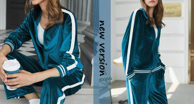 Ekouaer Women's Velvet Velor Tracksuits 2 Piece Lounge Outfits Zip Up Sweatshirt and Sweatpants with Pockets