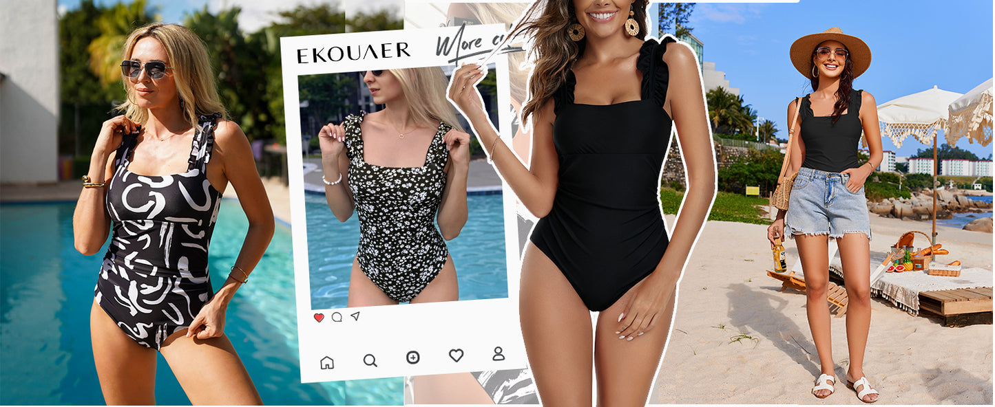 Ekouaer Women's One Piece Swimsuits Square Neck Tummy Control Bathing Suit with Adjustable Ruffled Straps Swimwear