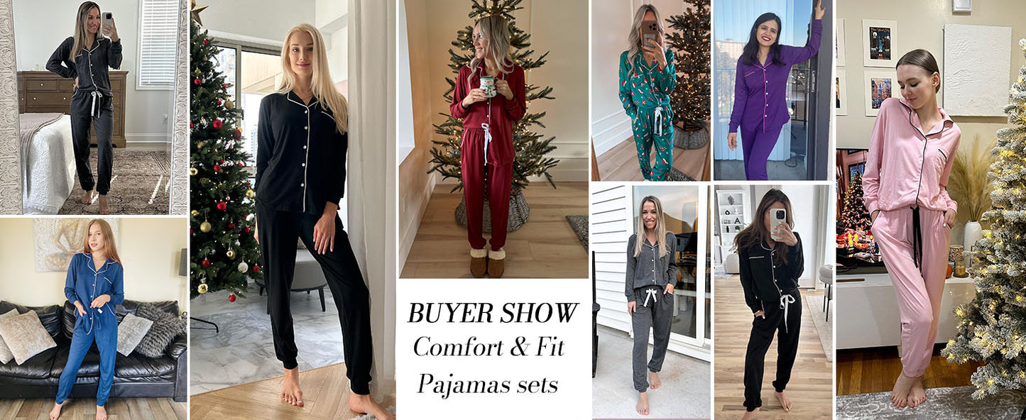 Ekouaer Pajamas Set Long Sleeve Sleepwear Womens Button Down Nightwear Soft Pj Loungewear with Pockets