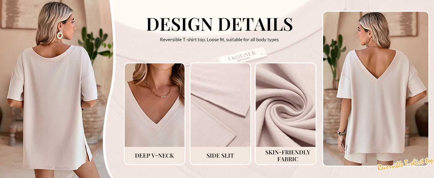 Ekouaer Womens Pajamas 2 Piece Lounge Sets Oversized V Neck T-Shirts Tops Biker Shorts Set Workout Reversible Tracksuit