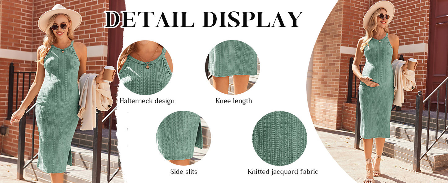 Ekouaer Maternity Dress Rib Knit Side Slit Stretchy Bodycon Pregnancy Dresses Halter Neck Sleeveless Pregnant Clothes