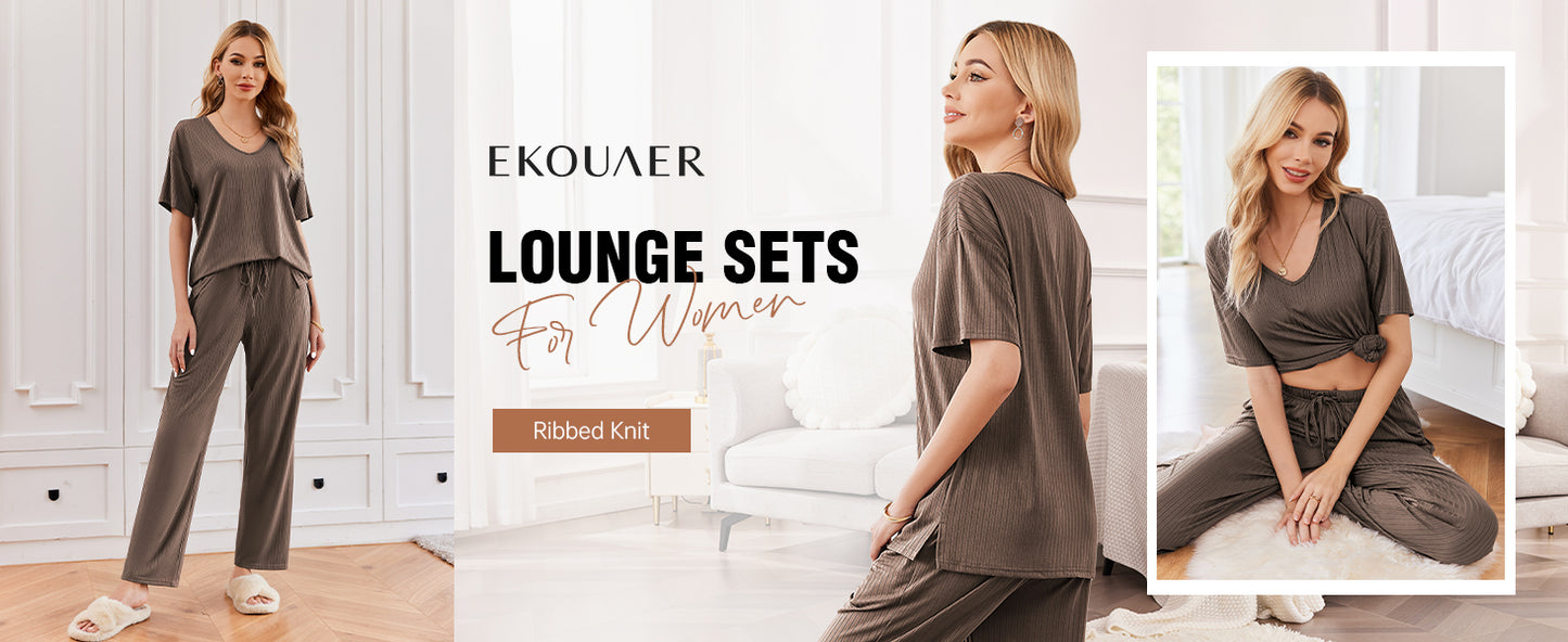 Ekouaer Pyjama Damen Herbst Schlafanzug Kurzarm Lang Hose Rippen Nachtw?sche