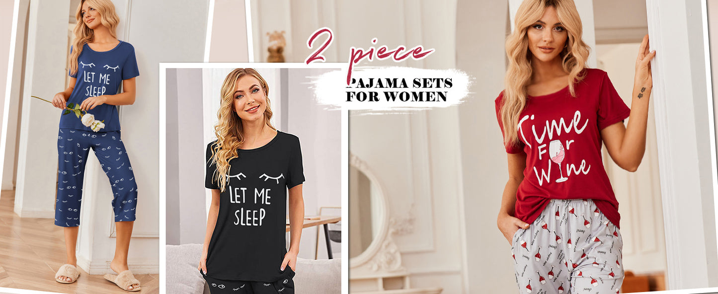 Ekouaer Pajamas for Women Set Short Sleeve Sleepwear Tops with Capri Pants Prints Funny Two Piece Pj Set