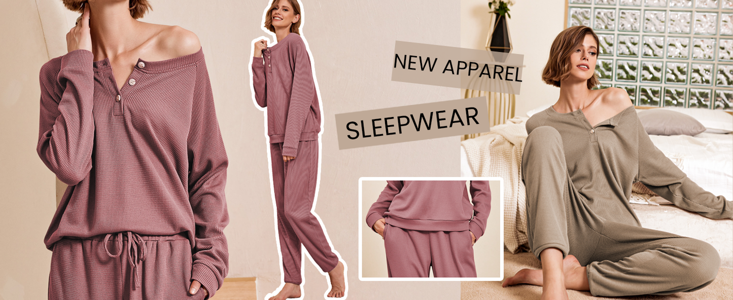 Ekouaer Pajamas Women's Waffle Knit Sleepwear Long Sleeve Top with Pants Casual Pjs Loungewear