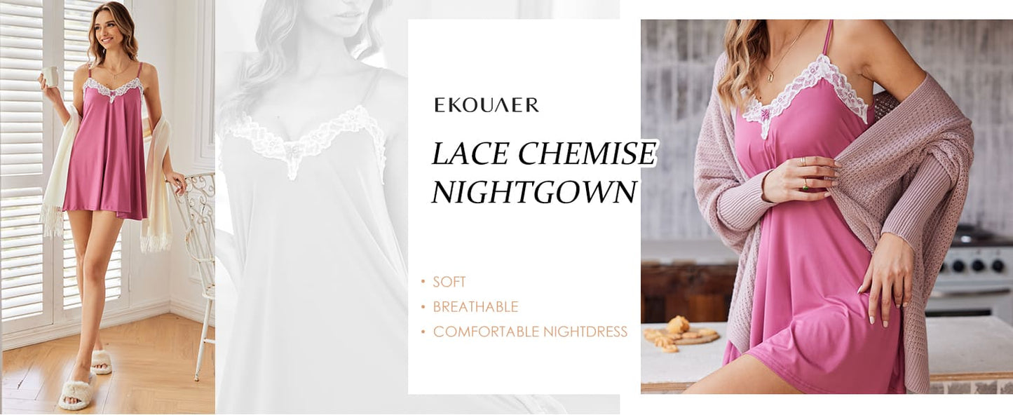Ekouaer Women Lace Nightgown Sexy Spaghetti Strap Cami Sleeveless Chemise Sleepwear Sleep Dress