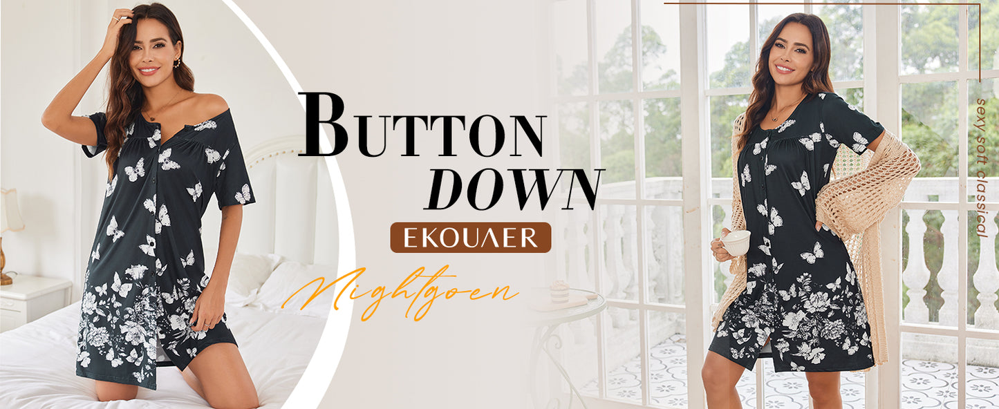 Ekouaer Women's O-Neck Nightgown Short Sleeve Button Down Soft Sleepwear Loose Fit Nightshirt