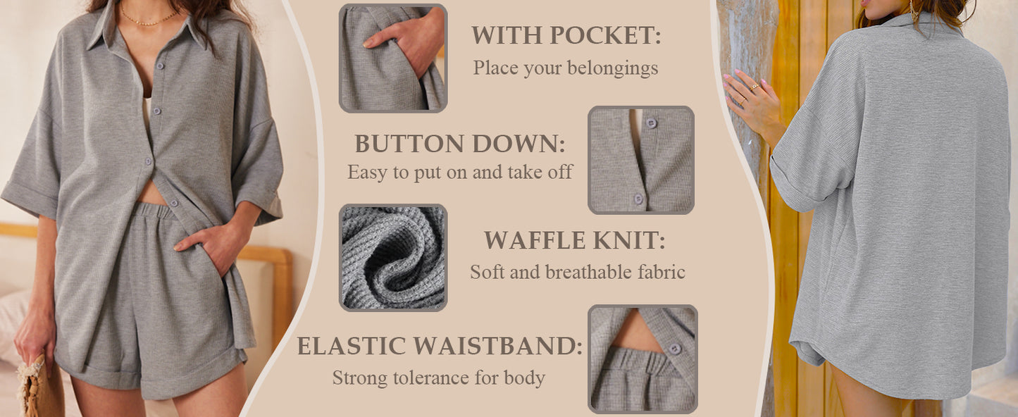 Ekouaer Waffle Knit Lounge Sets for Women Short Sleeve Pajamas Button Down Pjs Oversized Loungewear Shorts Set