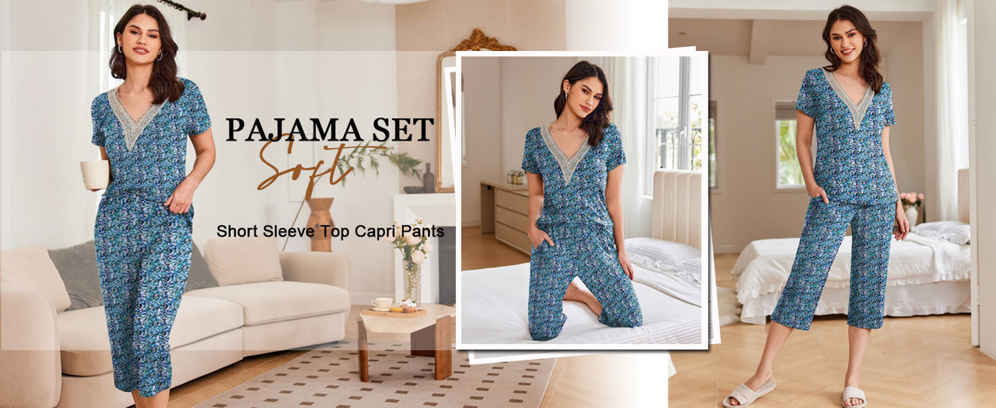 Ekouaer Women's Pajamas Set Short Sleeve Lace V Neck Sleepwear Top Capri Pants Pjs Sets Soft Loungewear