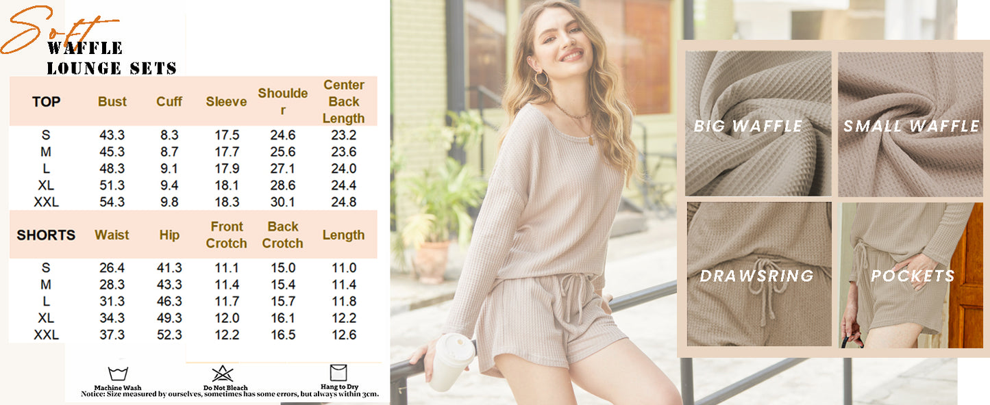 Ekouaer Womens Waffle Knit Pajama Sets Long Sleeve Top and Shorts Matching Lounge Set Loungewear Sweatsuit with Pockets