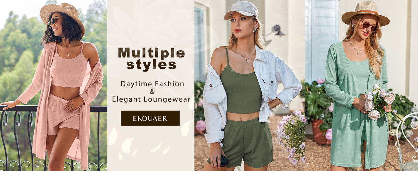 Ekouaer Pajamas for Women Set 3 Piece Lounge Set Soft Pajama Sets Waffle Knit Tank Top and Shorts Cardigan with Pockets