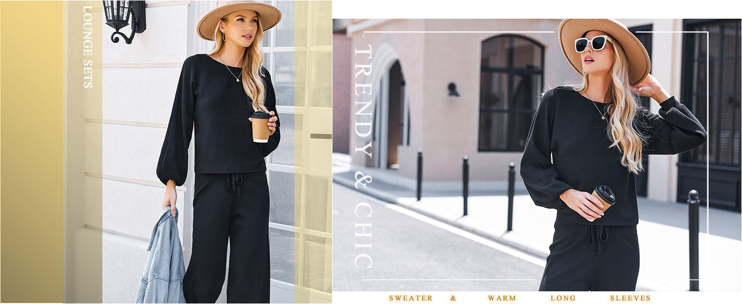 Ekouaer Knit Lounge Sets for Women 2 Piece Cozy Long Sleeve Pullover Sweater Top and Wide Leg Pants Set Pajamas Outfits