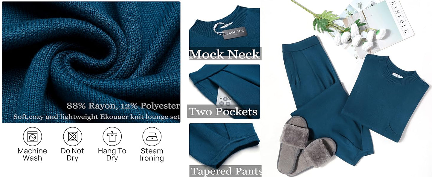 Ekouaer Two Piece Outfits Lounge Sets for Women Sweater Sets Knit Short Sleeve Tops Jogger Pants Matching Tracksuit