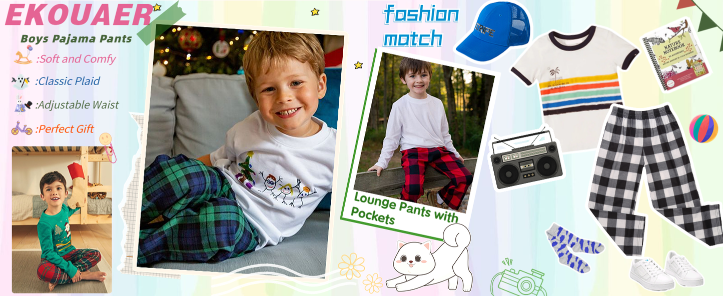 Ekouaer Boys Pajama Pants Long Sleep Soft Elastic Waist Bottoms Plaid Lounge With 2 Pockets 4-14 Years