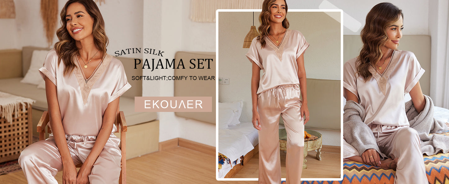Ekouaer Silk Pajamas Set Womens Lace V Neck Loungewear Short Sleeve Satin Shirt with Long Pant Silky Pjs