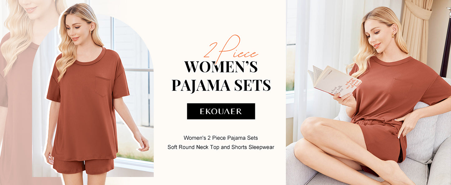 Ekouaer Women's 2 Piece Pajama Sets Short Sleeve Lounge Sets Soft Round Neck Top and Shorts Sleepwear