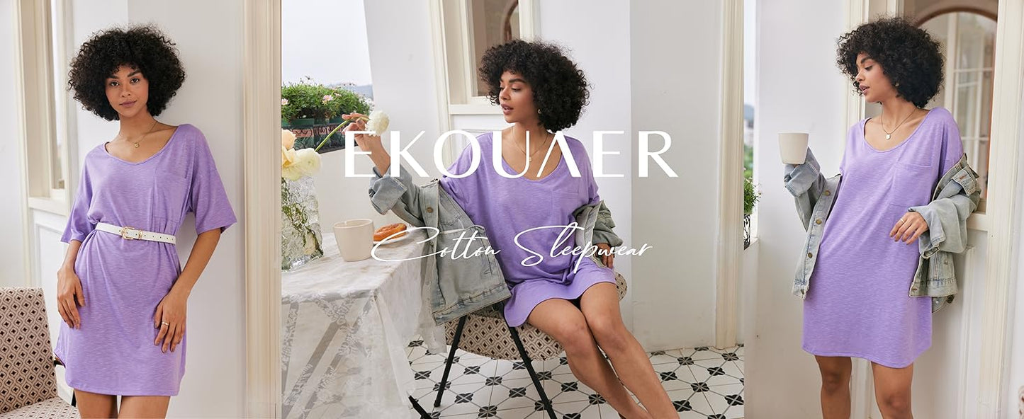 Ekouaer Womens Tshirt Nightgown Cotton V Neck Sleepshirts Comfy Casual Nightshirt for Women