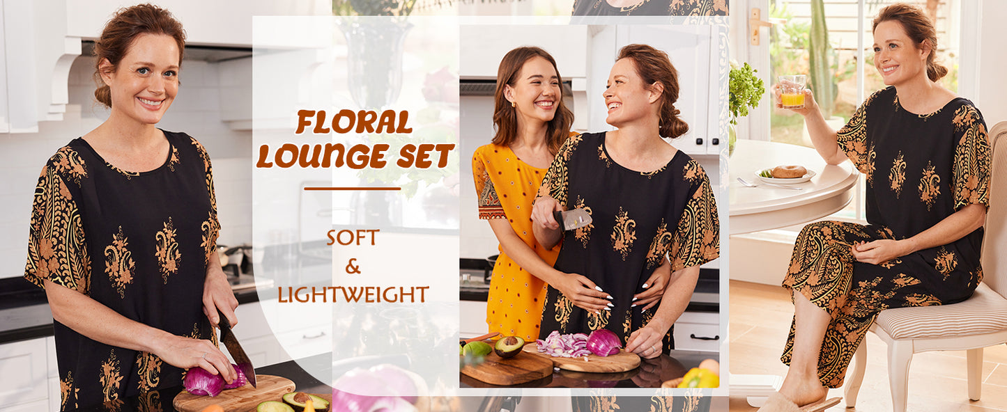 Ekouaer 2 Piece Women's Short Sleeve Capri Lounge Set Soft Mumu Pajama Sets with Pockets Loose Sleepwear Lightweight Homewear