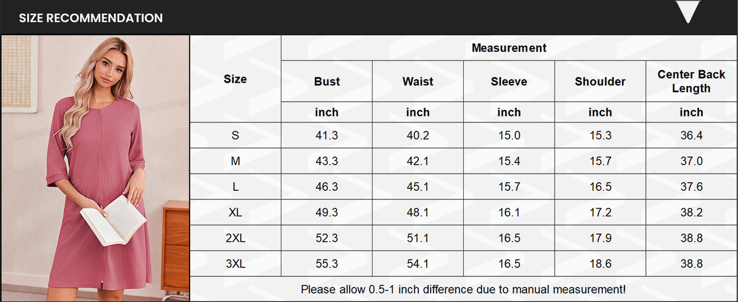 Ekouaer Zip Up Robes for Women Short Waffle Bathrobe Lightweight Knee Length Housecoat with Pockets Nightgown