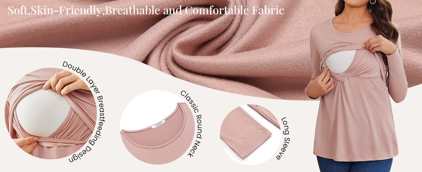 Ekouaer Women 3 Packs Nursing Shirts Long Sleeve Breastfeeding Tops Round Neck Postpartum Clothes Double Layer Maternity Tee