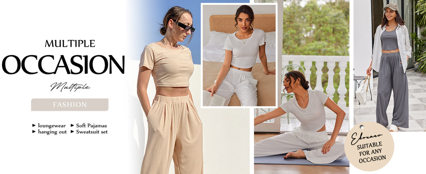 Ekouaer Women's 2 Piece Lounge Sets Short Sleeve Pajama Set Ribbed Knit Crop Top Wide Leg Pants Loungewear