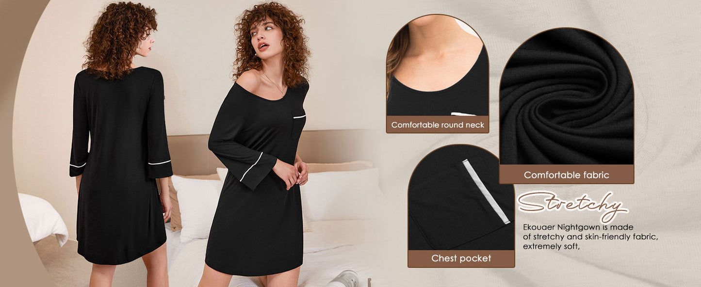 Ekouaer Sleep Shirts for Women Soft Nightgowns 3/4 Sleeves Sleeping Shirts Loungewear Ladies Night Shirts