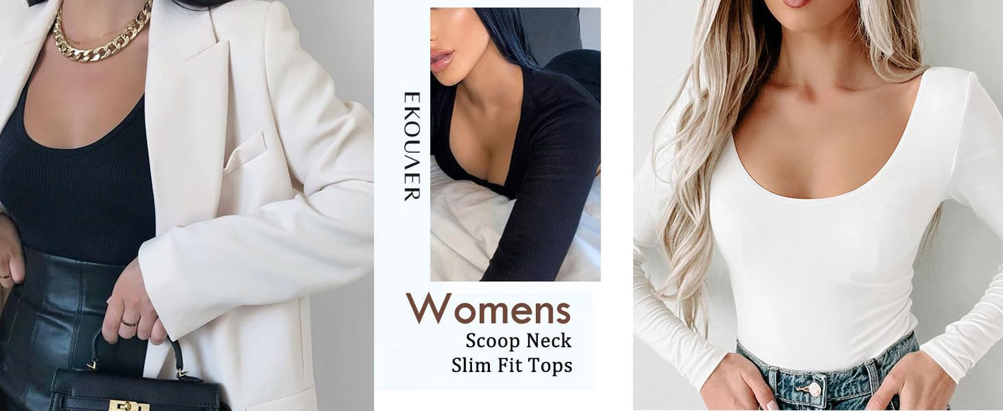 Ekouaer Women Long Sleeve Shirt Scoop Neck Tops Slim Fit Basic Top Thermal Undershirts Base Layer Tee