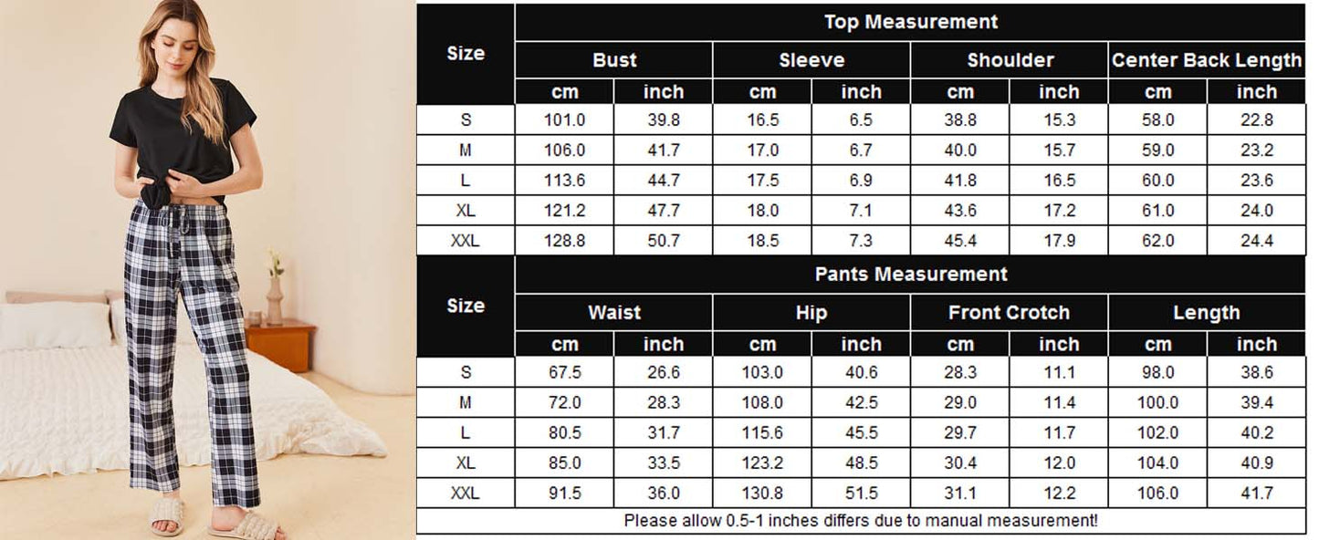 Ekouaer Pajama Sets for Women Round Neck Pjs Short Sleeve Sleepwear with Long Pants Loose Lounge Sets Black-pink Plaid XL